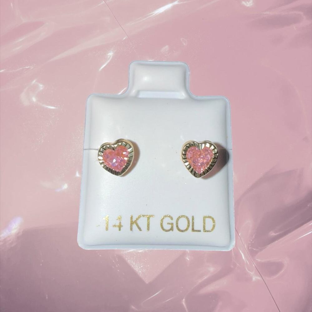 Y2K romantic 14k gold pink heart CZ diamond stud earrings fairycore